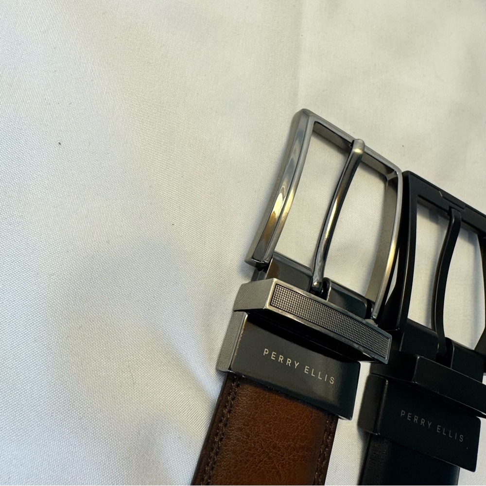 Two Perry Ellis Brown/Black Leather Reversible Belts - Black/Gunmetal 30/32 - Picture 10 of 13